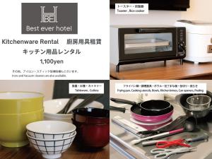 a collage of photos of a kitchen with a microwave at Best ever hotel in Naha