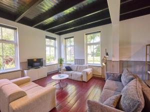 a living room with a couch and a tv at t Voorhuis Kolderveen in Nijeveen