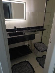 a bathroom with a sink and a toilet and a mirror at Apto Térreo Próximo HU e Aeroporto Vaga e Ar in Londrina +27 photos