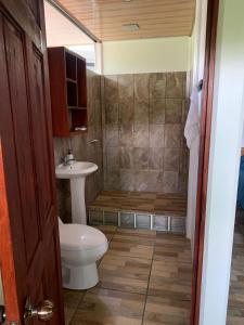 a bathroom with a toilet and a sink at Hospedaje las rocas in Puerto Jiménez