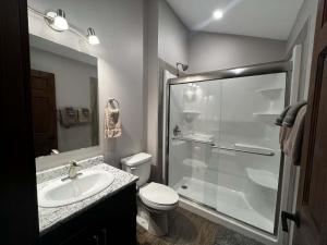 ein Badezimmer mit Dusche, Toilette und Waschbecken in der Unterkunft Wolf Den in Valemount + 58 Fotos