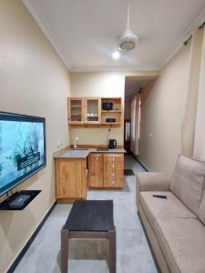 a living room with a couch and a flat screen tv at Al-mendhiry Apartment in Zanzibar City