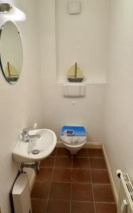 a bathroom with a sink and a toilet and a mirror at Achtern-Diek-1 in Brösum +12 photos