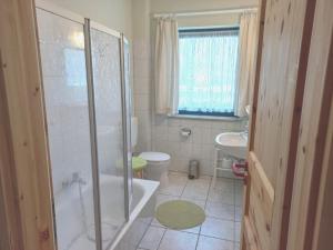a bathroom with a shower and a toilet and a sink at Deichblick 02 in Prerow