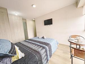 a bedroom with a bed and a tv on the wall at Apacible y acogedora habitación con vista a Barranco in Lima