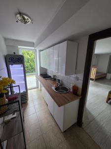 a kitchen with a sink and a counter top at Noclegi Pracownicze Niepołomice in Niepołomice