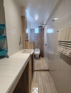 a bathroom with a toilet and a sink and a shower at La posada apartment in Cusco
