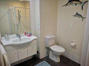 a bathroom with a sink and a toilet and a mirror at Tutukaka Marina Views in Tutukaka +6 photos