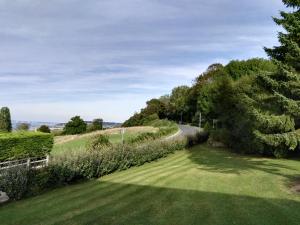 vistas a un césped con árboles y una carretera en Appartement tout confort refait à neuf, en Deauville