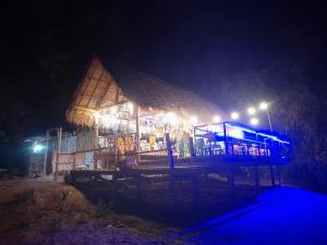 a building with lights on it at night at Champasak Backpacker in Ban Mouang