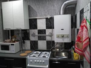 Апартаменты на Свердлова, 96А في Shuya: مطبخ صغير مع موقد وميكروويف
