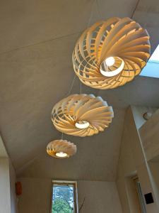 three lights hanging from the ceiling in a room at Architectural Tiny House With Sauna Near Beach in Asnæs