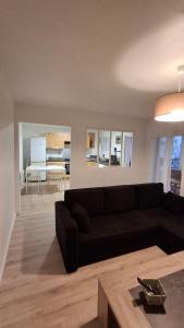a living room with a black couch and a kitchen at A Casa Radica, appartement rez-de-villa au calme, jardin et maquis in Eccica-Suarella +14 photos