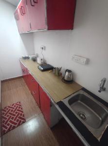 a small kitchen with a sink and red cabinets at Mystic Nest in Canacona