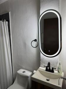 a bathroom with a white toilet and a mirror at Freya studio IV Romantic Zone in Puerto Vallarta