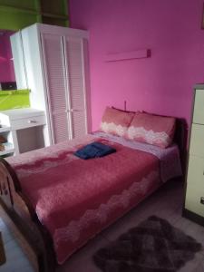 ein rosa Schlafzimmer mit einem Bett mit rosa Bettwäsche in der Unterkunft Queen room in Bridgetown