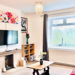 a living room with a fireplace and a flat screen tv at Dale View in Youlgreave