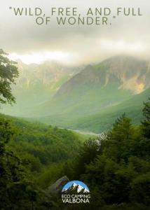 a poster of a view of a valley with a blue umbrella at Eco Camping Valbone in Valbonë