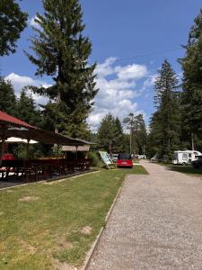 a red car parked next to a picnic tables and a road at Tinaraft camp in Radovljica +28 photos