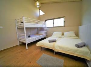 a bedroom with two beds and a bunk bed at נוף הרים בר יוחאי - בית נופש מדהים עם בריכה וג'קוזי in Bar Yohai
