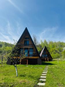 a log cabin in a field of grass with a pathway at Căsuțele EliMar in Chirleşti