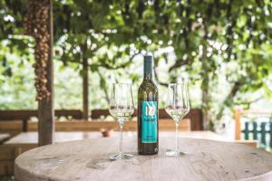 a bottle of wine sitting on a table with two glasses at Weingut Gaube in Leutschach +47 photos