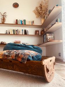 a bedroom with a bed and shelves with books at Villa Fiorentino in Ivrea