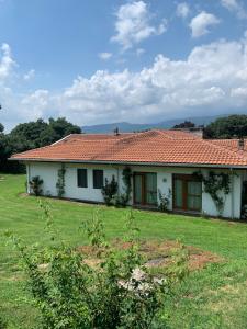 a white house with a red roof and a yard at Villa Fiorentino in Ivrea