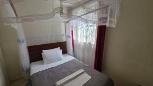 a bedroom with a bed with a canopy and a window at Mambo Number Five in Entebbe