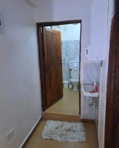 a bathroom with a toilet and a door and a sink at Esskayhomestays in Eldoret