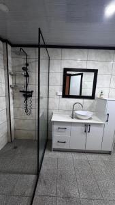 a bathroom with a sink and a shower with a mirror at Raza villa in Lautoka +3 photos