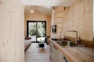 a kitchen with a sink and a couch in a room at Tiny Chalet in Blankenburg