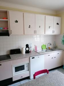 a kitchen with white cabinets and a sink and a microwave at Chez Christine in Sarrancolin