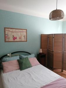 a bedroom with a bed with pink and green pillows at Chez Christine in Sarrancolin