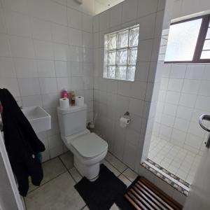 a white bathroom with a toilet and a shower at Allesreg Holiday Home in Margate +27 photos