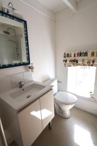 a bathroom with a toilet and a sink and a mirror at The Monet in Châteauneuf-sur-Charente