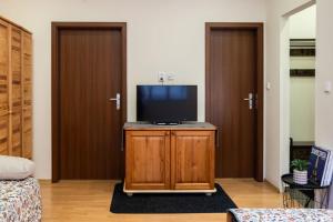a living room with a television on a wooden cabinet at Apartment Sučany in Sučany