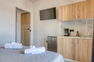 a room with a bed and a kitchen at Rubick solari studio in Mantoúkion