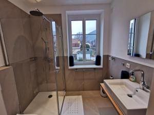 a bathroom with a shower and a sink at Ferienwohnungen Hartl in Spitz +42 photos