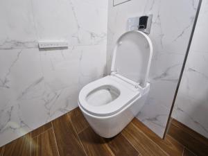 a white toilet in a bathroom with marble walls at Rezidence Třebíč in Třebíč +29 photos