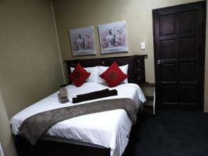 a bedroom with a large bed with red pillows at Palmnut Lodge in Durban +26 photos