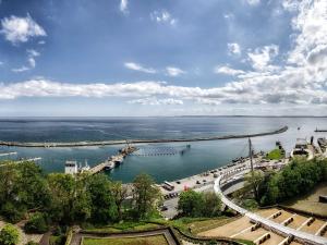 an aerial view of a marina with boats in the water at Villa Am Steinbach in Sassnitz +63 photos