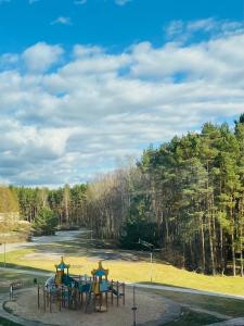 a park with a playground with tables and trees at Гнёздышко in Visaginas