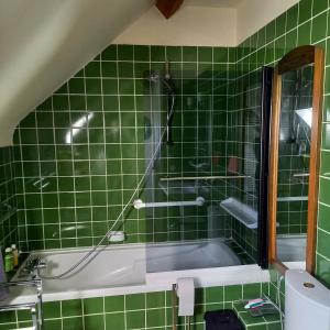 a green tiled bathroom with a tub and a shower at L'ABRI in May-sur-Orne +58 photos