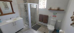 a bathroom with a shower and a toilet and a sink at Black Rock Haven in Scottburgh +23 photos