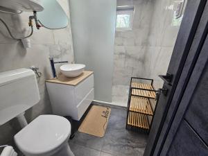 a bathroom with a white toilet and a sink at Dream vendégház in Vásárosnamény +14 photos