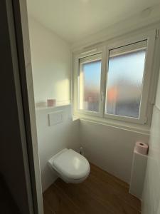 a white bathroom with a toilet and two windows at Central Grenoble Lovely House in Grenoble