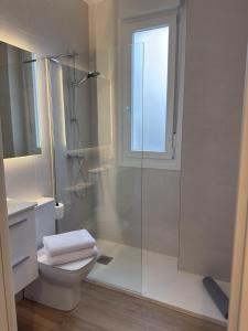 a bathroom with a toilet and a glass shower at Alojamientos Dima Costa in Laredo +61 photos