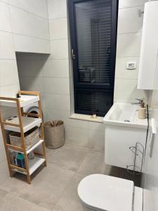 a bathroom with a toilet and a sink and a window at Apartman Moonlight Medulin in Medulin +23 photos