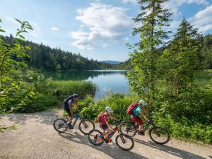 three people riding bikes on a trail near a lake at Alpen Lodge Chiemgau in Schleching